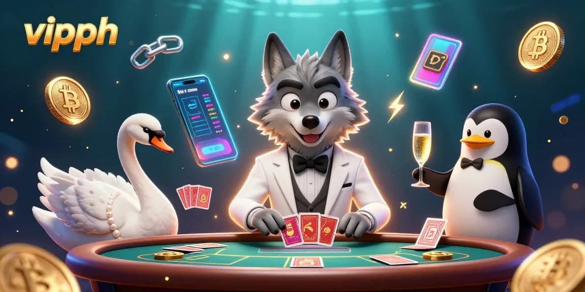 Experience vipph's excitement with 3D characters at a lively casino scene filled with cryptocurrencies.