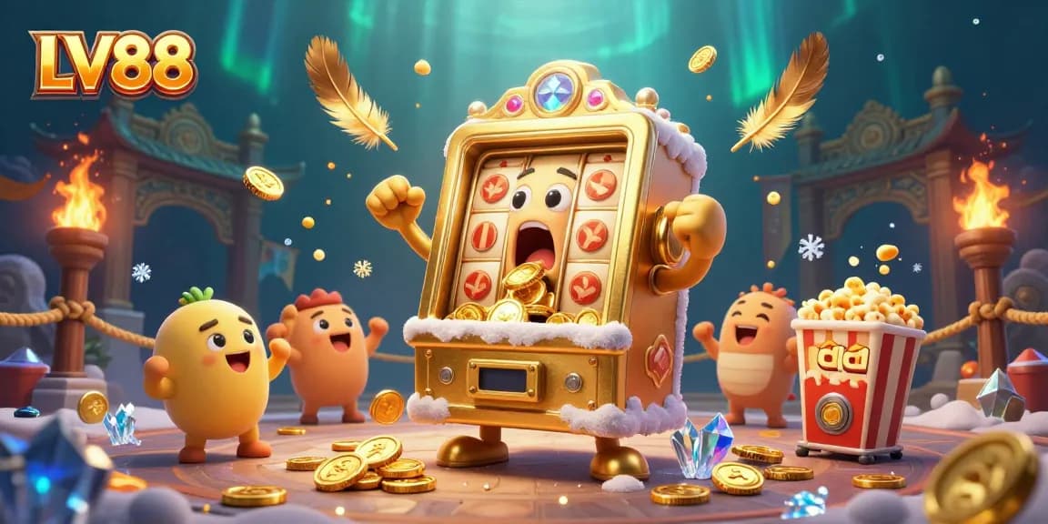 LV88 slot machine hitting jackpot surrounded by gold coins and cheering characters, a lively casino scene.