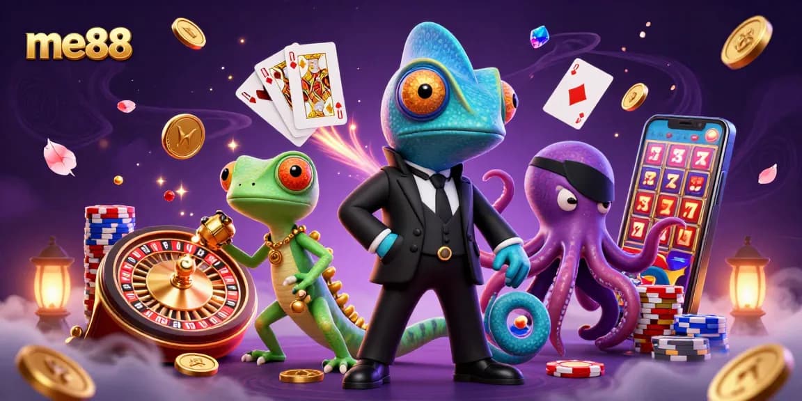 Experience me88 through exciting gameplay in this vibrant casino-themed illustration.