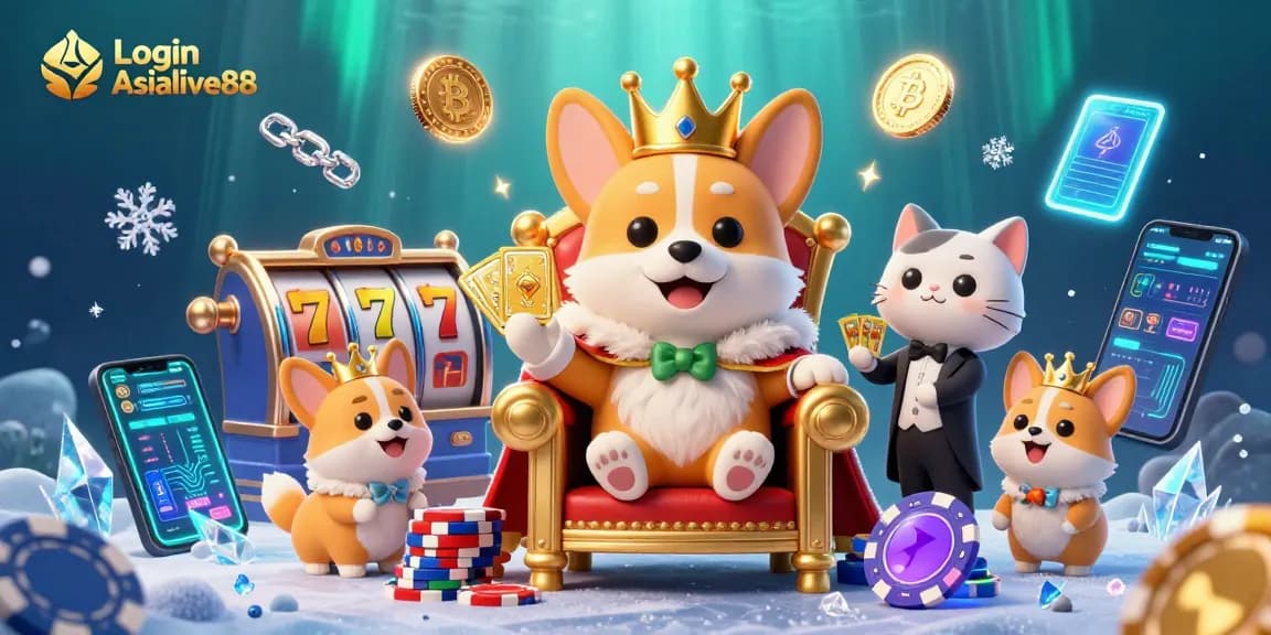 Engage with Login Asialive88 featuring a royal corgi surrounded by slot reels and crypto coins.