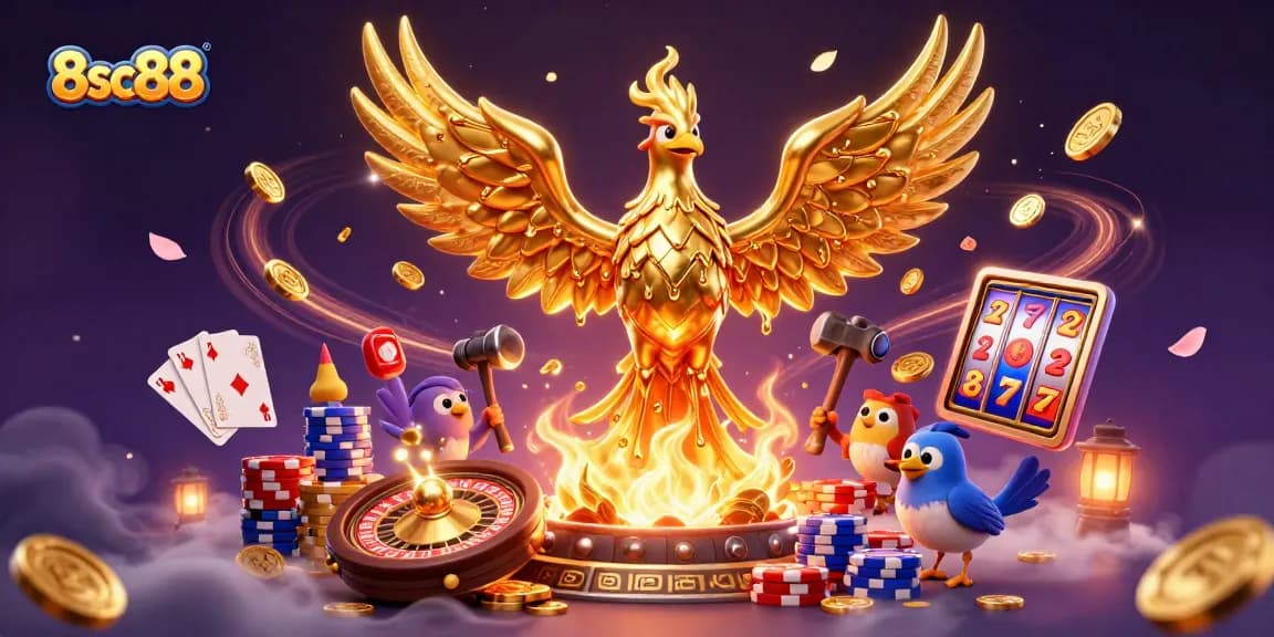 Experience the thrill of winning at 8sc88 with vibrant casino 3D imagery displaying molten gold and dynamic game elements.