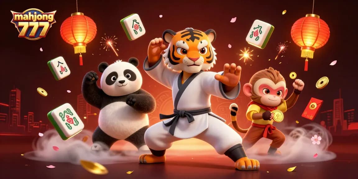 Engage with mahjong 777 amidst a dynamic scene featuring luxurious elements and playful characters.