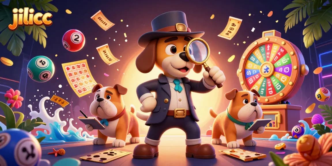Engage with jilicc while a detective uncovers treasure amid vibrant lottery balls and casino elements.