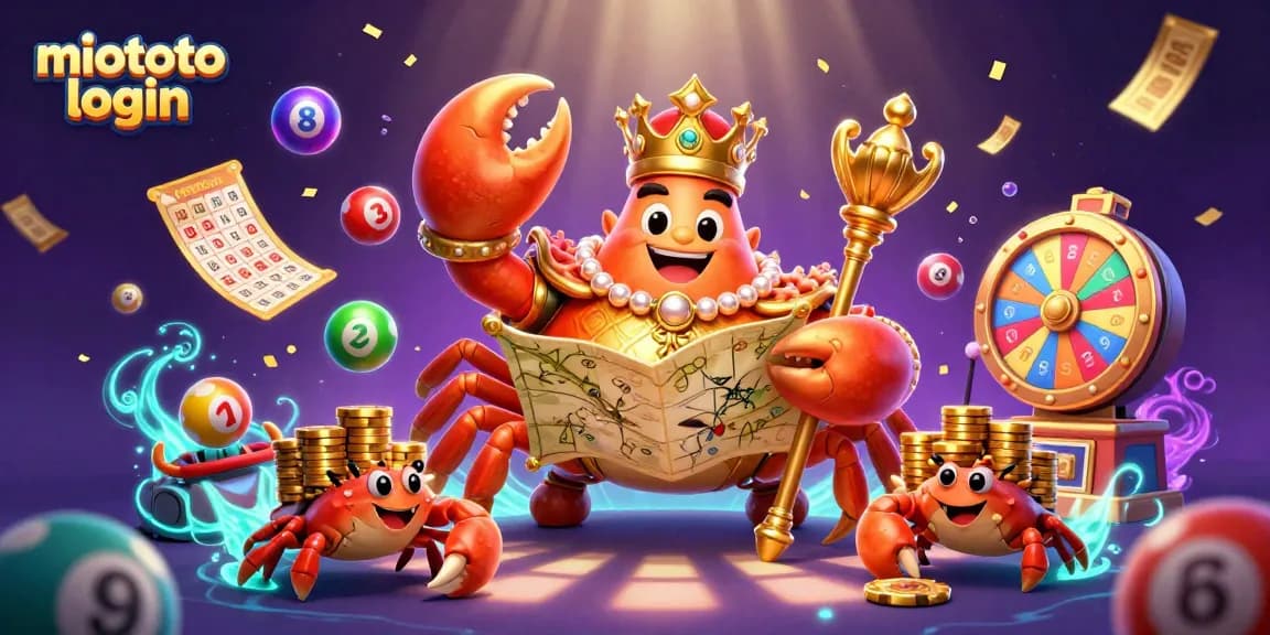 Engage with the miototo login scene showcasing a majestic crab emperor amidst lively gambling elements.
