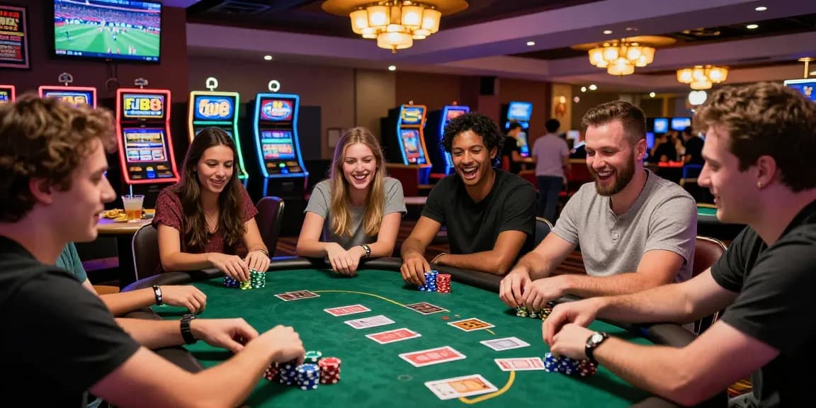 Fun88casino gaming scene with friends at a poker table, chips and excitement