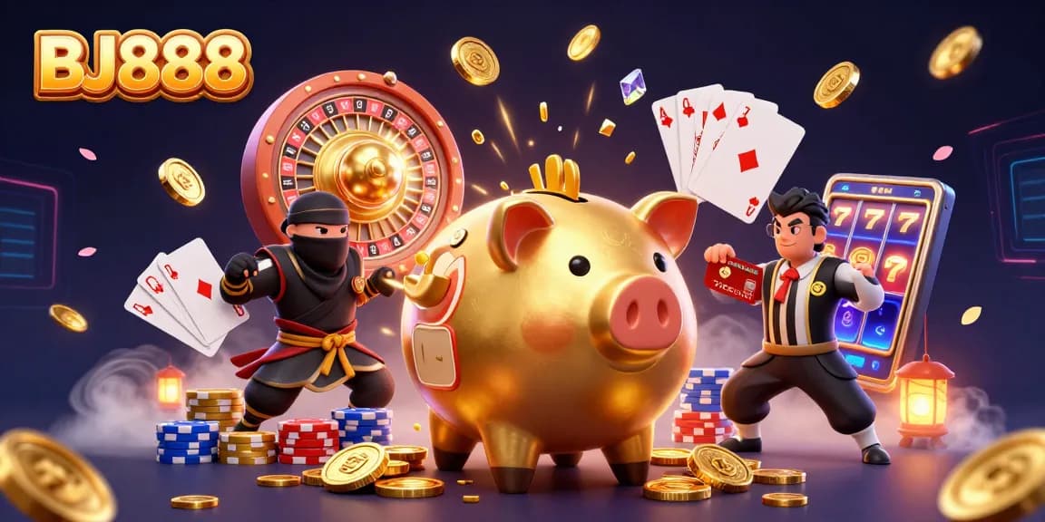 Engage in thrilling action with BJ888 as the golden piggy bank sumo wrestler battles in a vibrant casino scene.