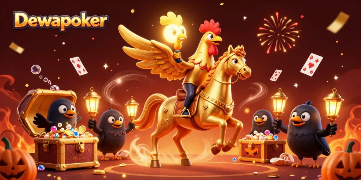 Dewapoker engages players in a vibrant casino scene filled with golden treasures and festive elements.