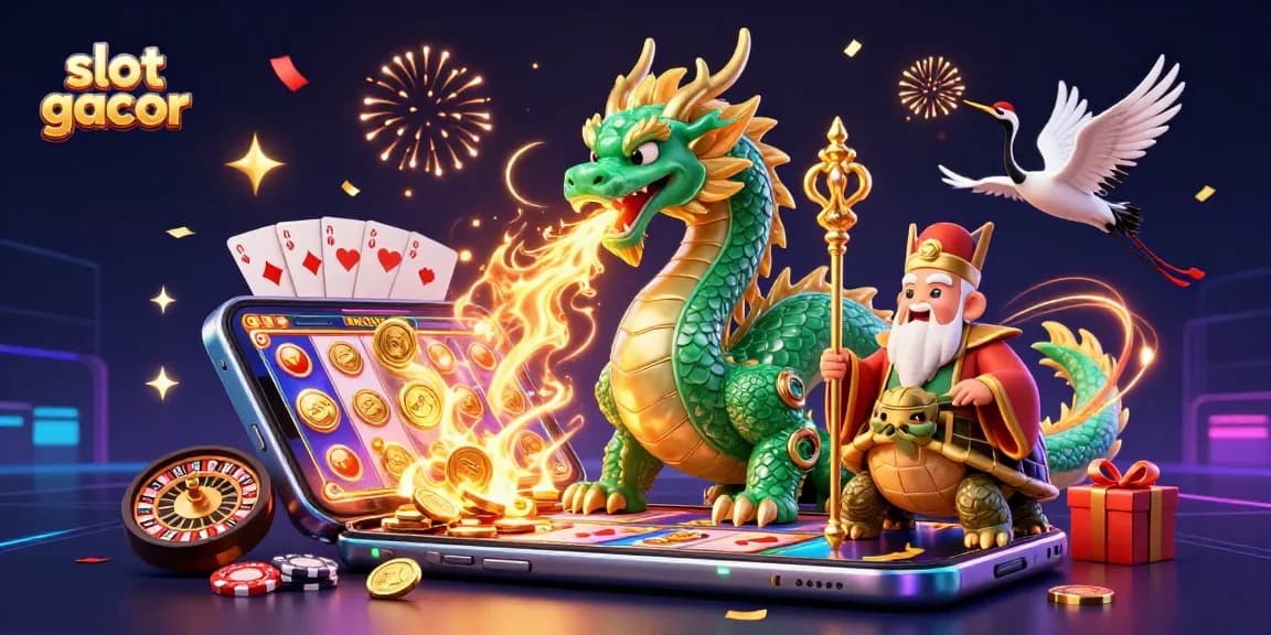 Engage with slot gacor through vibrant 3D illustration featuring a dragon, sage, and dynamic slot elements.