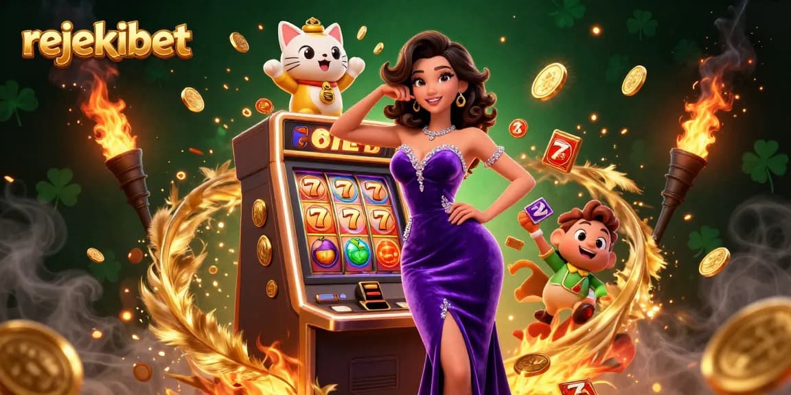 Experience winning with rejekibet, showcasing vibrant slot machine action and fortune cat excitement.
