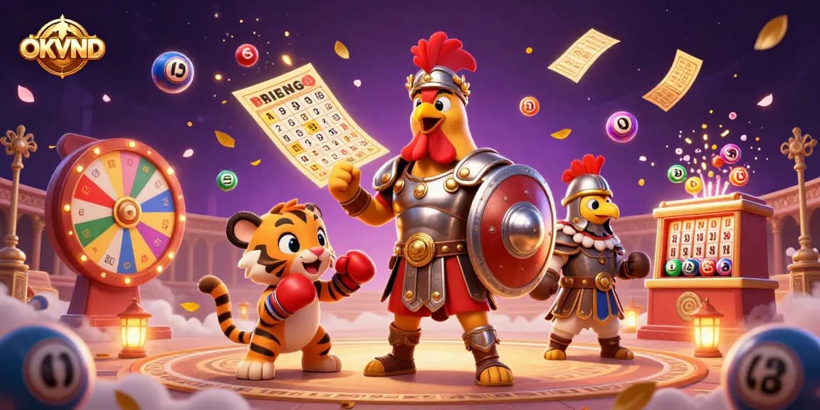 Play with OKVND as the gladiator rooster captivates in a vibrant casino scene filled with excitement.