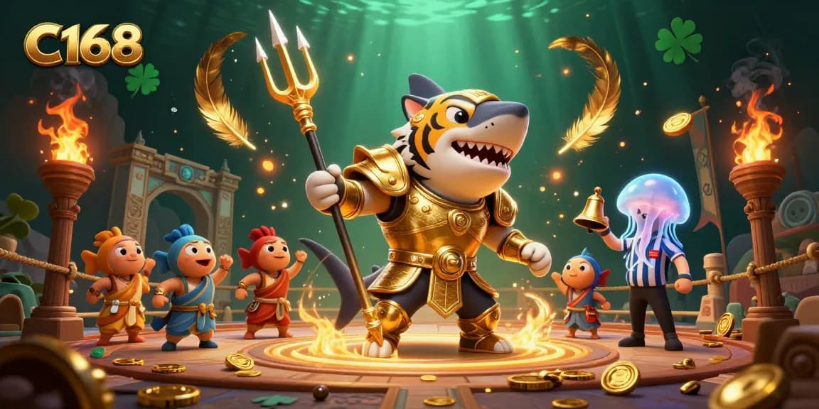Experience C168's thrilling gaming atmosphere with colorful underwater characters and golden casino elements.