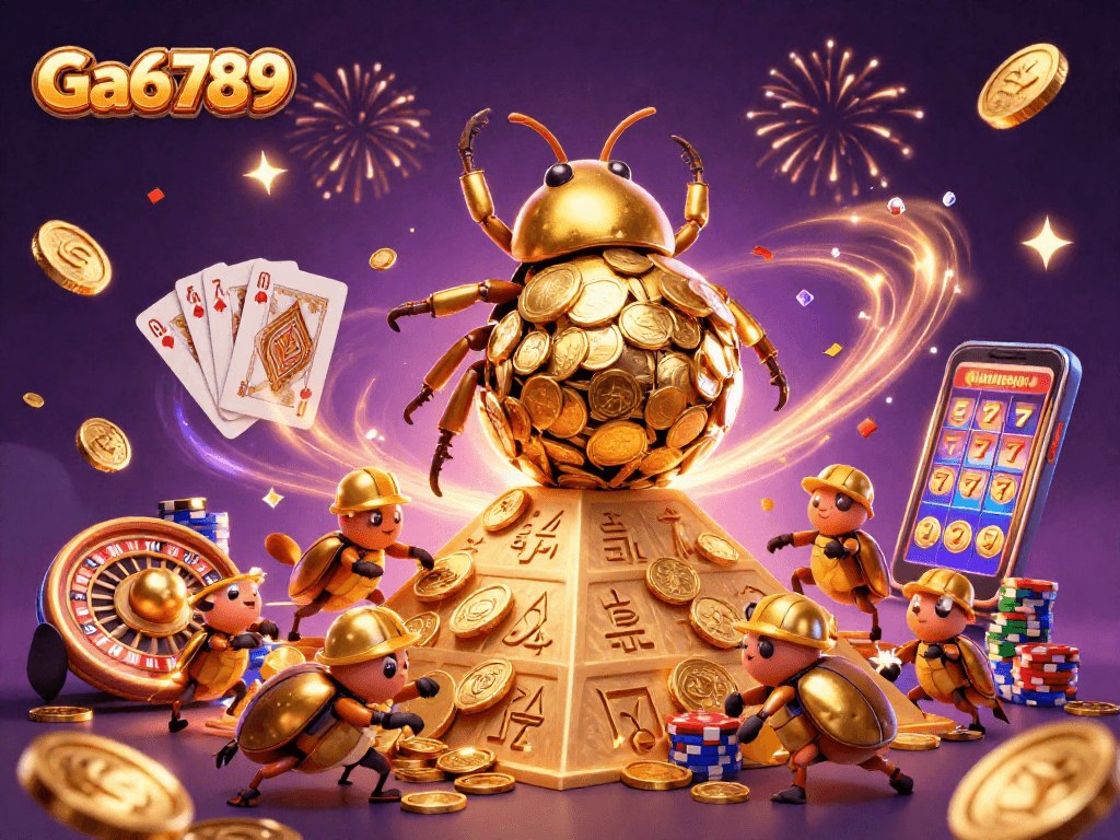 Engage with Ga6789 as a golden dung beetle rolls coins up a pyramid in this vibrant casino scene.