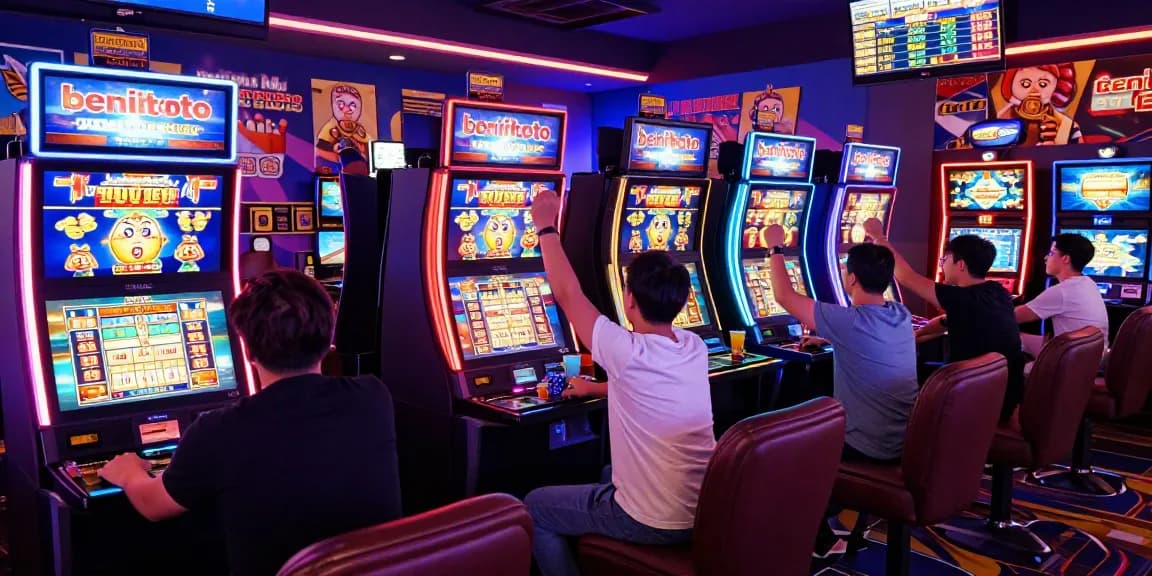 Players enjoying a lively gaming experience at benihtoto slots in a vibrant casino atmosphere.