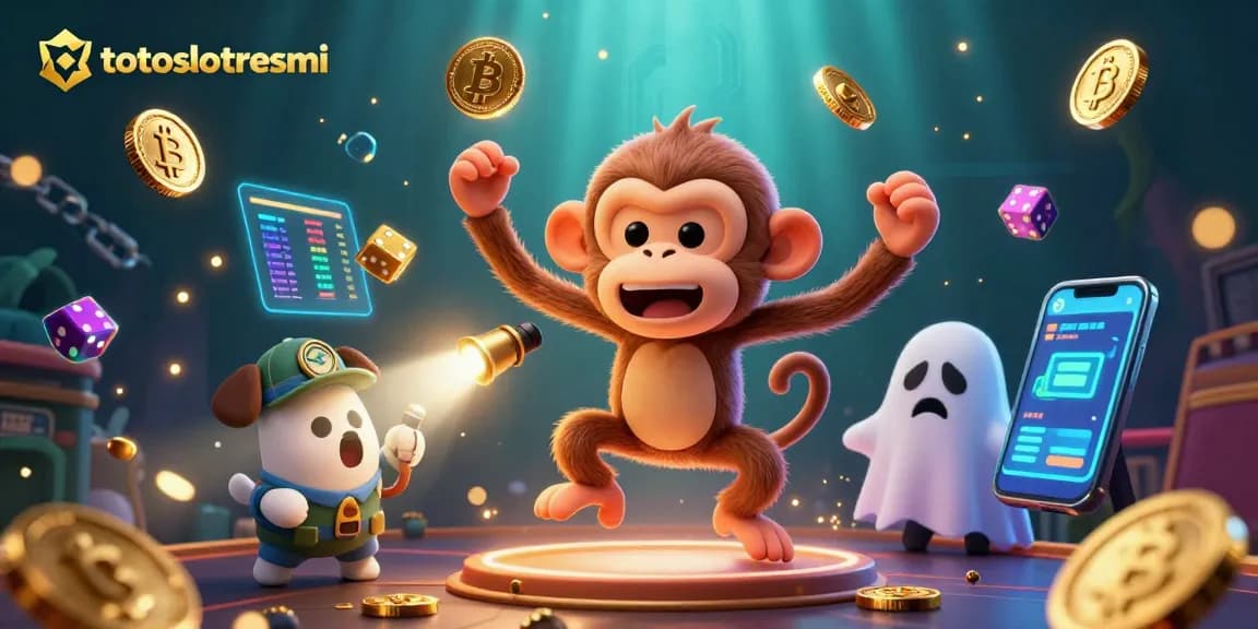 Engage in thrilling gaming adventures with totoslotresmi featuring a mischievous monkey and a curious puppy in a dynamic casino scene.
