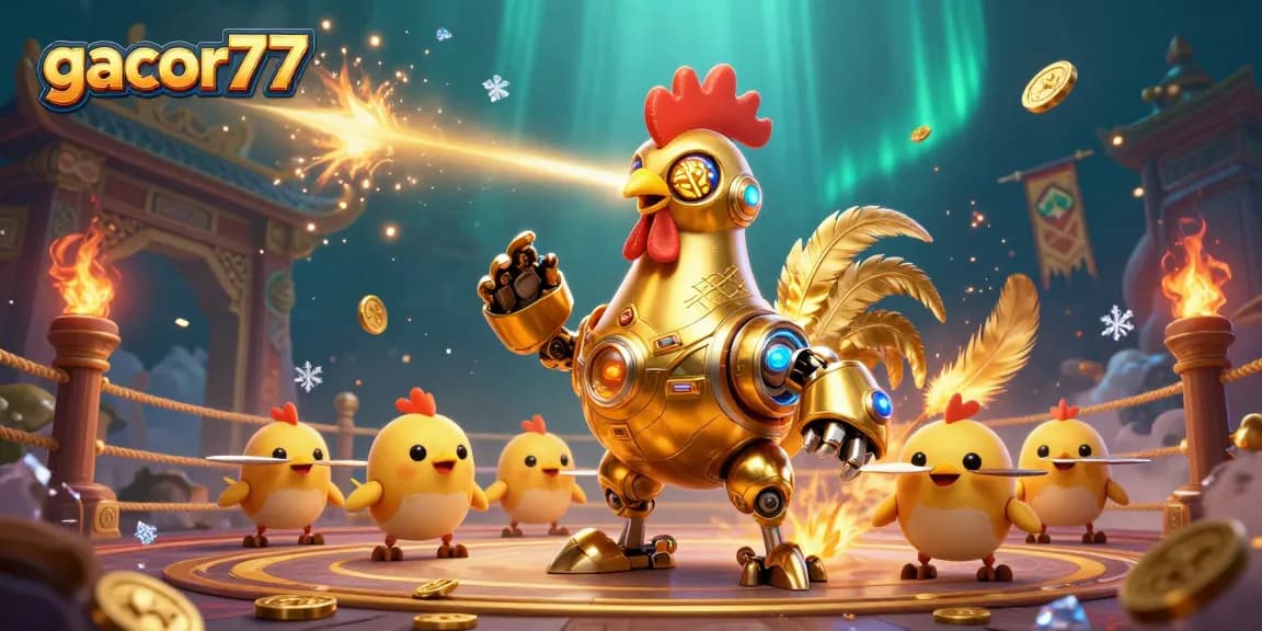 Menangkan permainan gacor77 di arena bertema kasino dengan ayam robot dan efek visual berkilau.