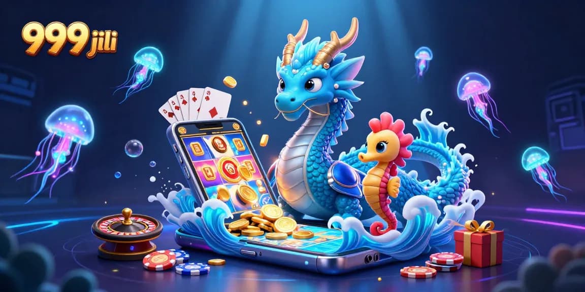 Engage in thrilling gameplay with 999 jili's vibrant 3D casino scene featuring an azure dragon and seahorse knight.