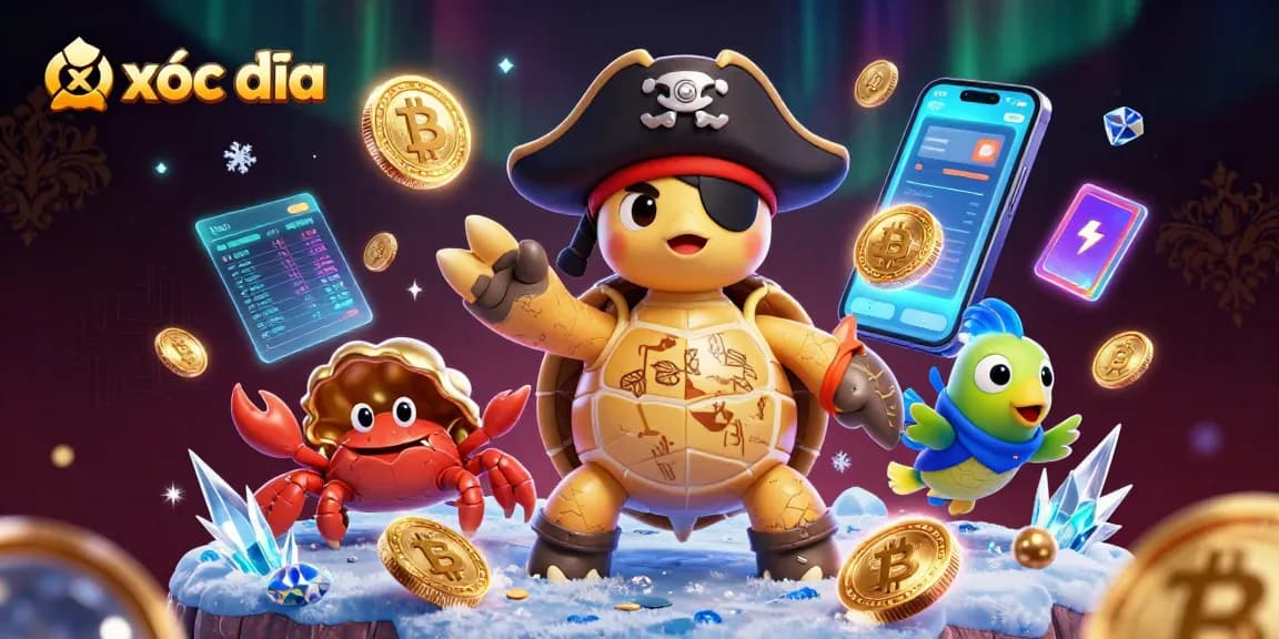Win at xóc đĩa with strategic gameplay amidst colorful digital treasures and animated characters.