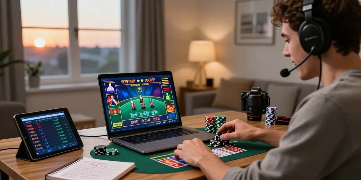 Engaged player in online grandbetting live casino gaming with laptop and vibrant screen visuals.