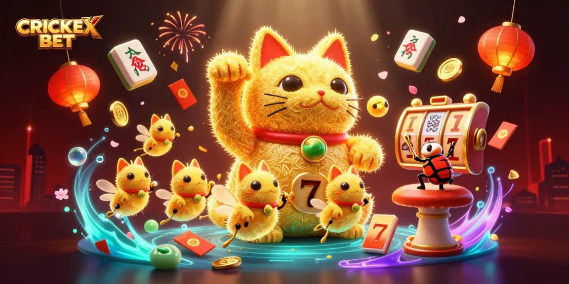 Place bets with CRICKEX BET while enjoying a vibrant 3D casino illustration filled with lucky symbols and dynamic game elements.