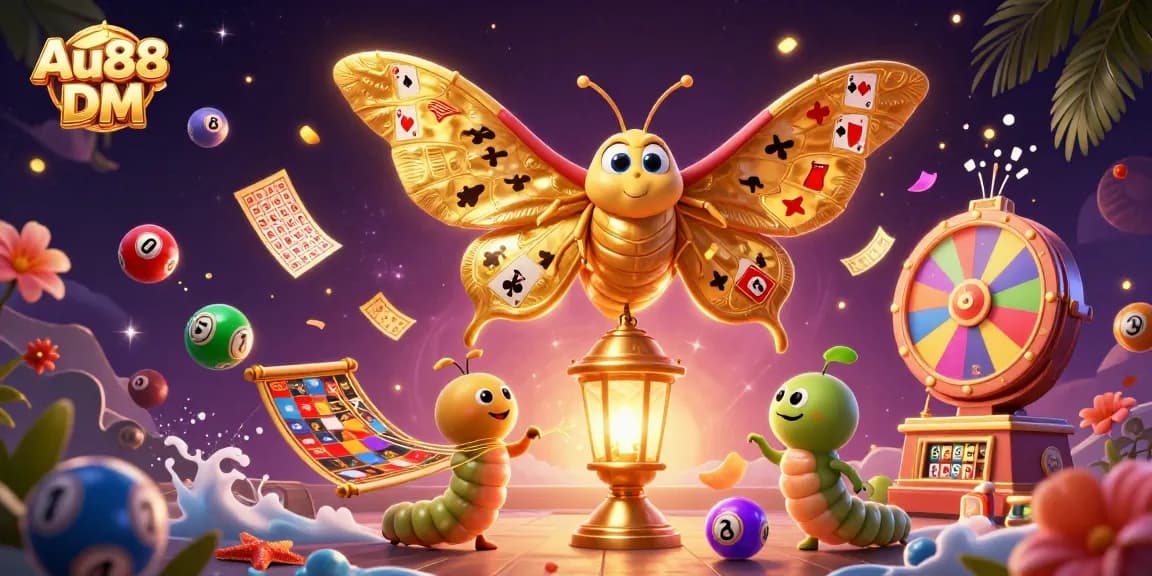 Experience thrilling gaming with a vibrant 3D scene featuring Au88 DM in a colorful casino atmosphere.