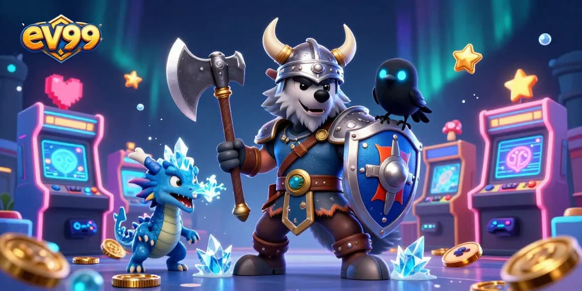 Win big with ev99: A dynamic scene of cartoon characters against a vibrant casino backdrop.