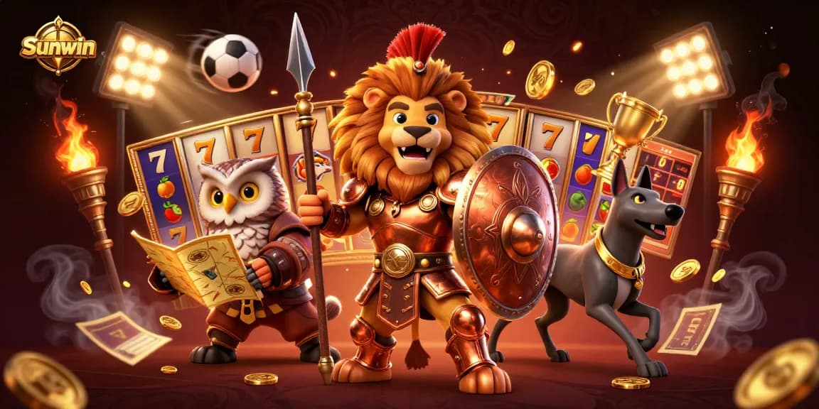 Sunwin engages players with an enticing 3D casino scene featuring a Spartan lion and dynamic game elements.