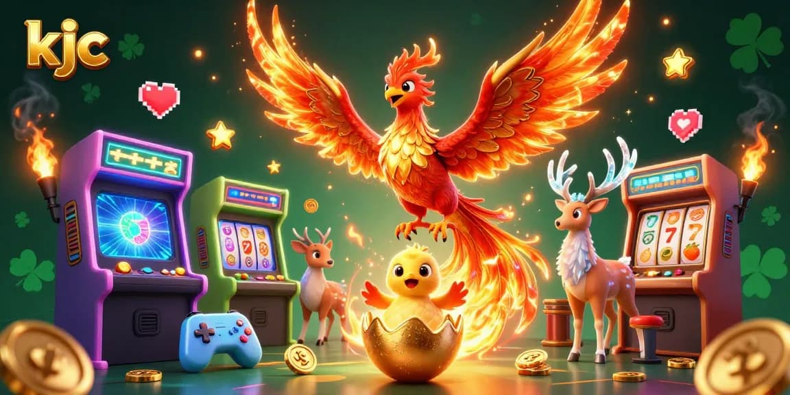 Experience thrilling wins with KJC in this vibrant casino-themed illustration featuring a phoenix, gaming elements, and luck symbols.