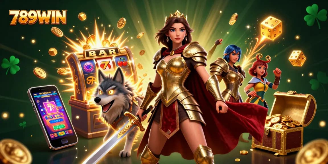 Engage with 789WIN in a vibrant 3D casino scene, featuring a warrior queen and slot machines bursting with excitement.