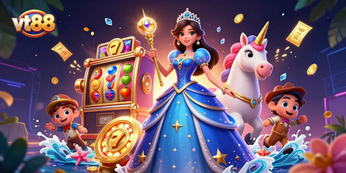 Spin to win with vt88's vibrant slot machines and enchanting characters in a magical casino landscape.