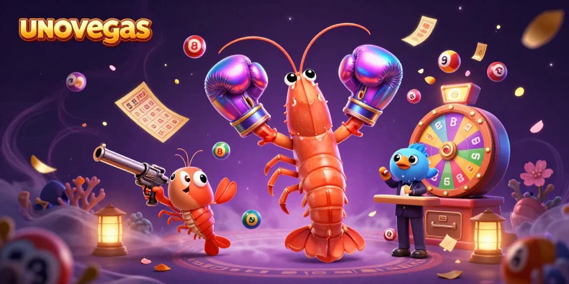 Unovegas menampilkan permainan menarik dengan karakter udang mantis dan teman kecilnya dalam ilustrasi kasino yang memikat.