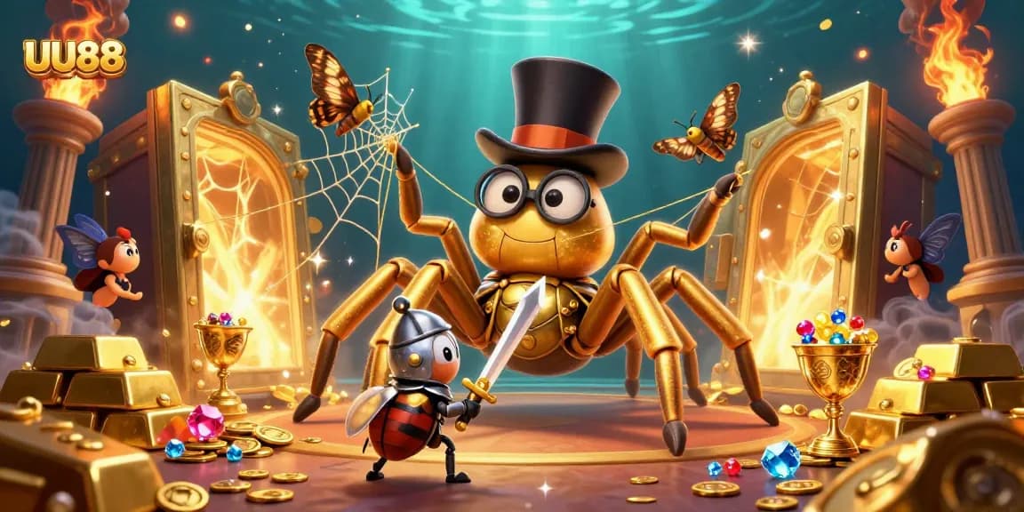Experience the excitement of UU88 with a vibrant casino-themed illustration showcasing gleaming treasures and engaging characters.