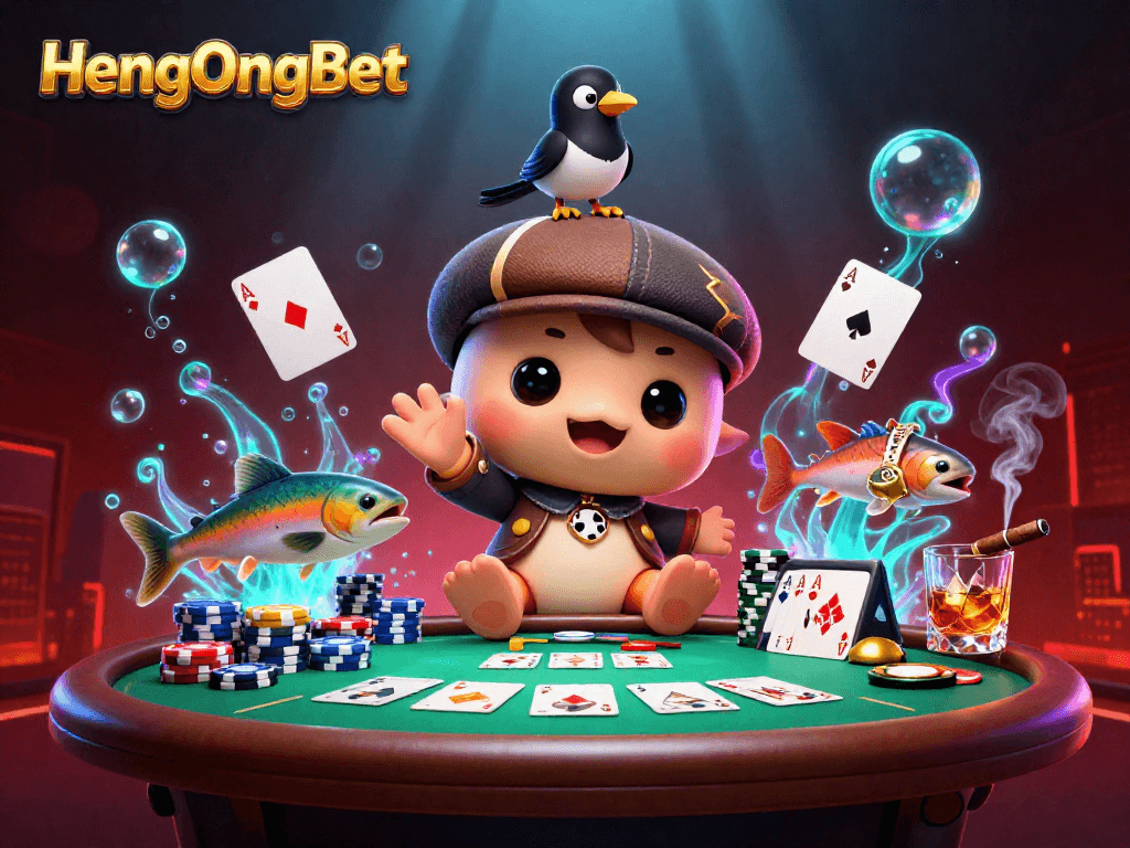 Engage players with HengOngBet's colorful 3D casino scene featuring baby Nessie, poker elements, and vibrant decor.