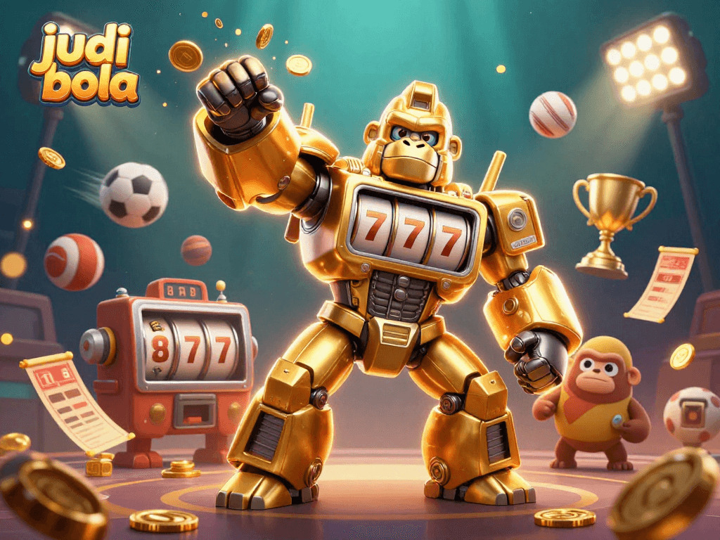 Bet on judi bola with an explosive scene featuring a golden gorilla mech and sports elements.