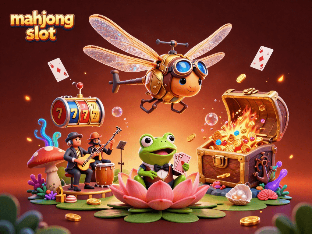 Engage with the mahjong slot experience through an energetic casino-themed illustration featuring vibrant characters and elements.