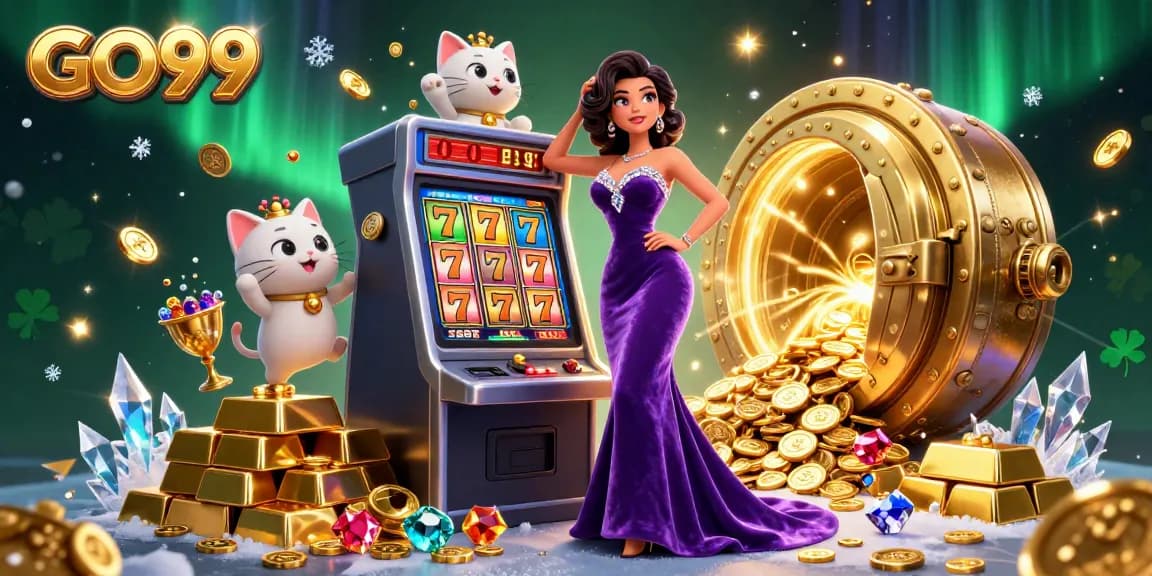 Play slots and hit jackpots at GO99 with a vibrant casino scene featuring a glamorous woman and a waving fortune cat.