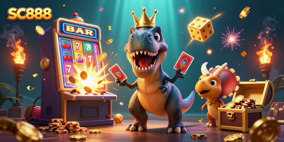 Experience SC888 with a playful dinosaur casino scene, featuring cards and chips in action.