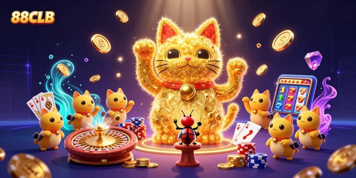 Experience the excitement of 88CLB with dynamic symbols and casino elements in this vibrant 3D illustration.