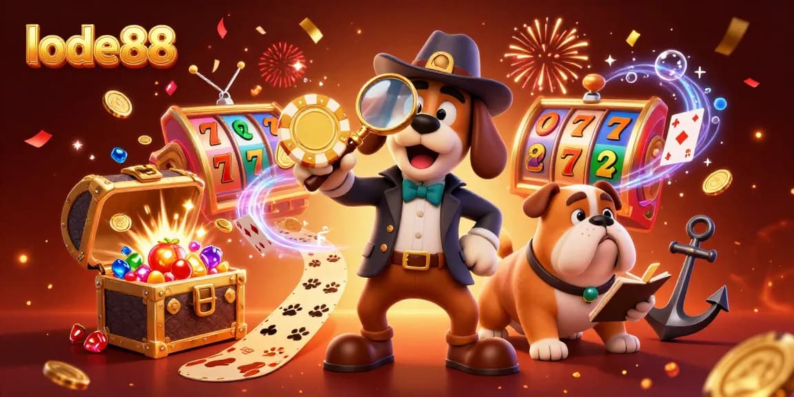 Experience lode88's excitement with a 3D cartoon detective uncovering treasure and slot machine thrills.