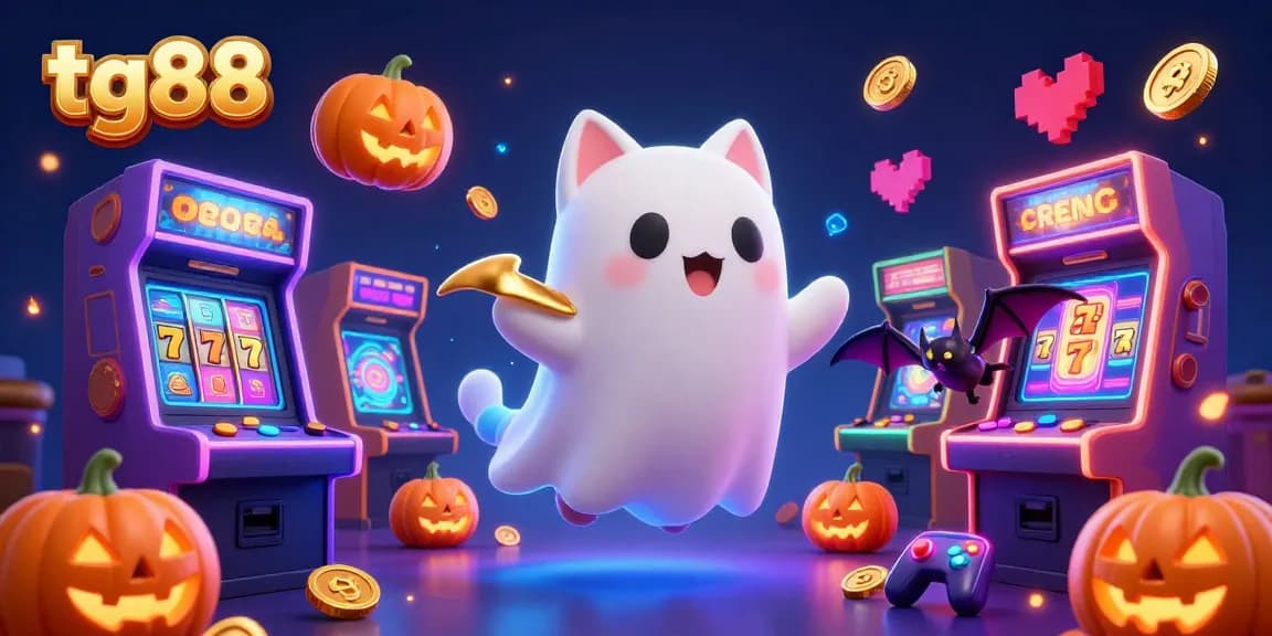 Experience thrilling gaming at tg88 with a ghost cat and vampire bat in a vibrant casino setting.