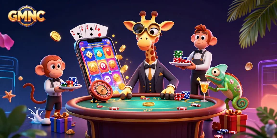 Engaging 3D illustration showcasing GMNC with a high-roller giraffe, monkey valet, and chameleon bartender at a vibrant casino table
