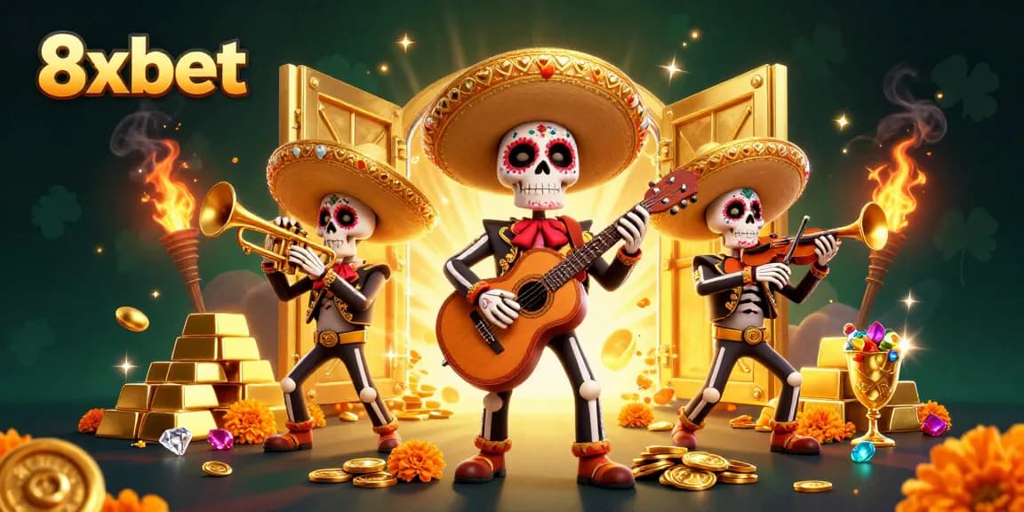 Experience the excitement of 8xbet with a vibrant mariachi band surrounded by shimmering treasures and gaming elements.