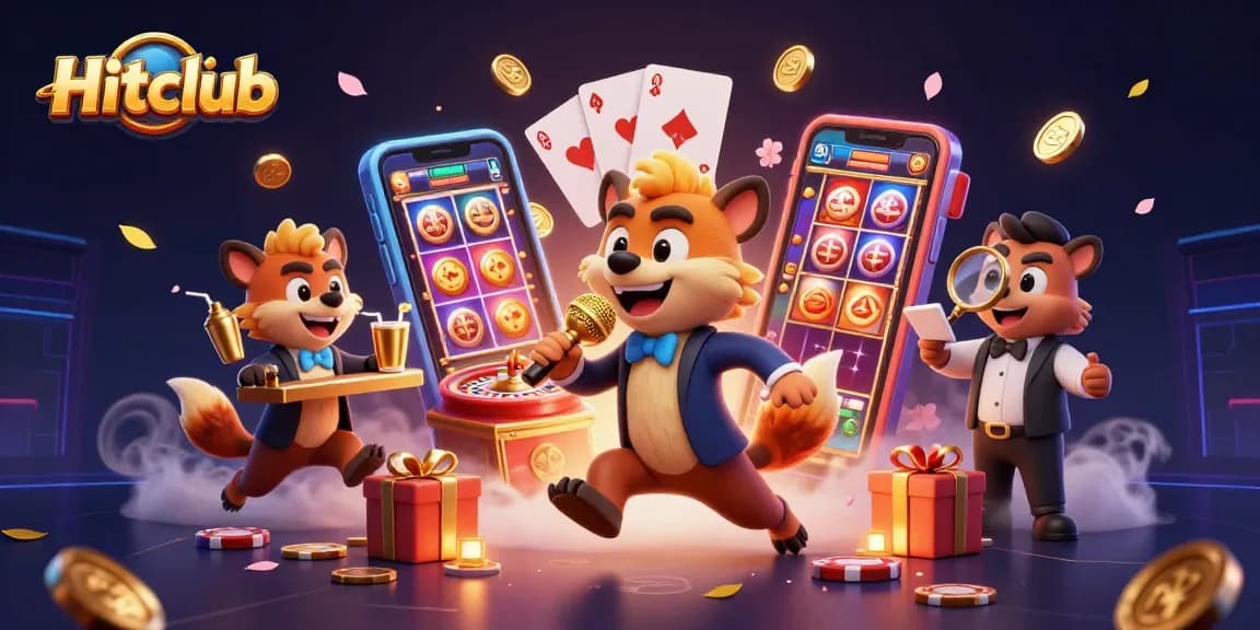 Hitclub hyenas delight as they entertain in a lively casino setup with games and drinks.