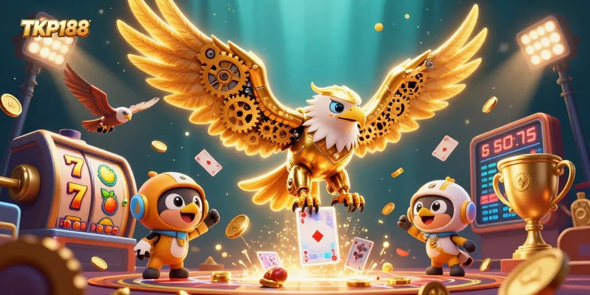 Engage with TKP188's thrilling slots as a cybernetic eagle dives through holographic cards.