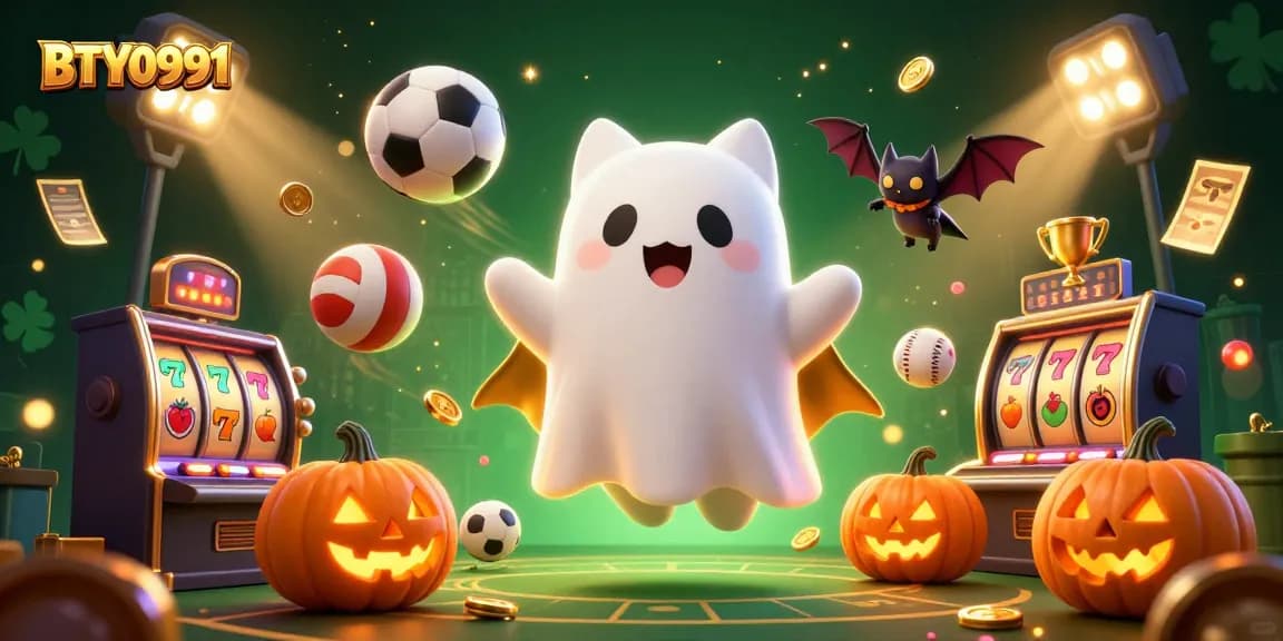 Engage with BTY0991 in a vibrant haunted casino scene featuring a friendly ghost cat and a bat.