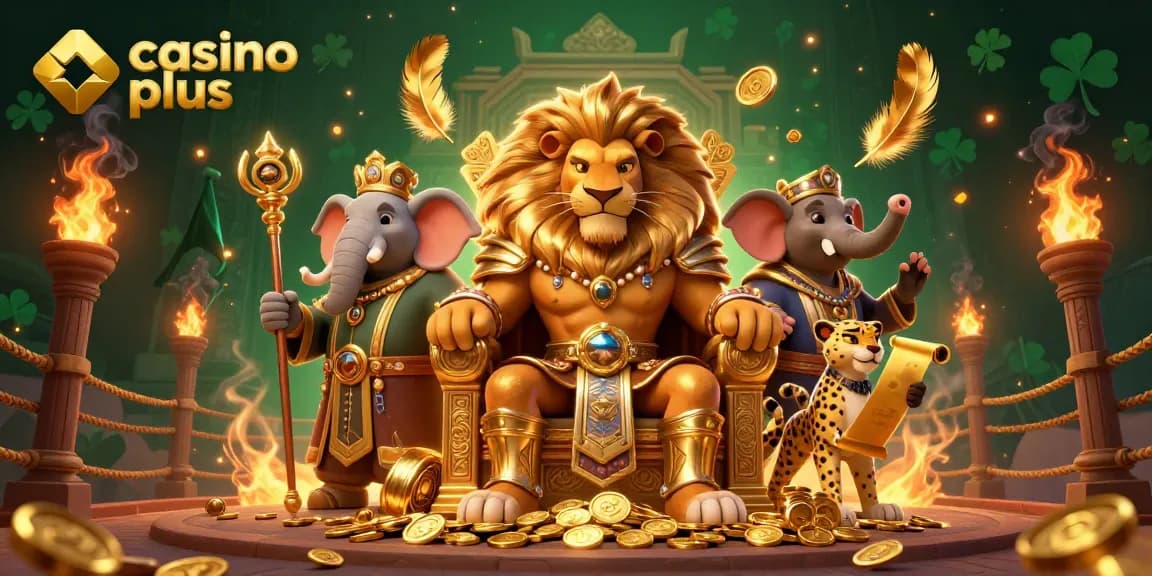 Experience high-stakes gameplay at casino plus with a dynamic 3D lion king and friends in a lavish setting.