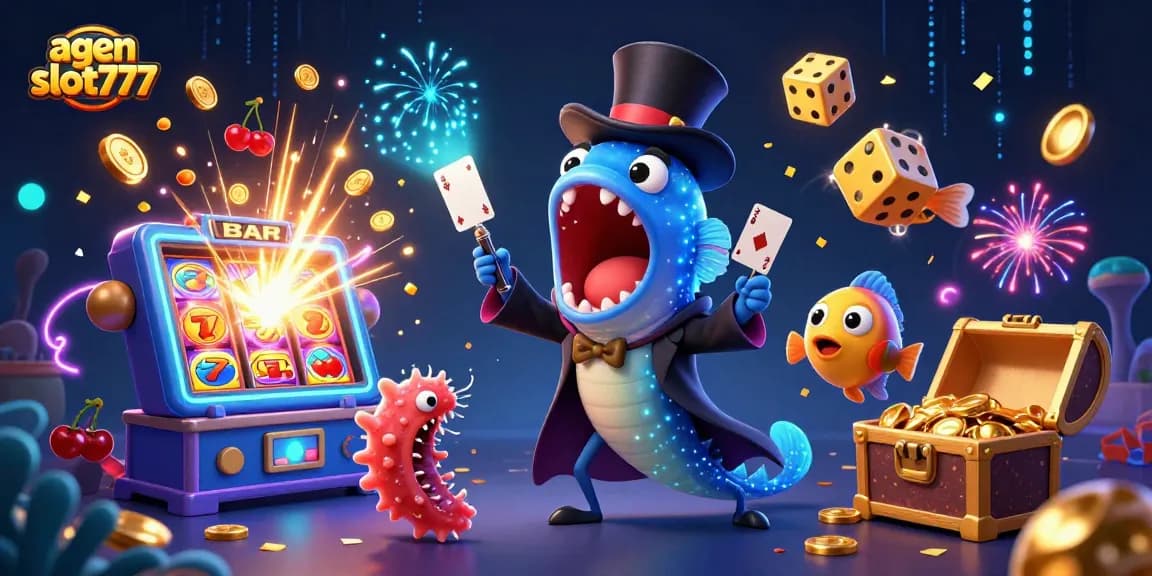 A vibrant scene showcasing agen slot777 with animated characters performing magic tricks amidst slot machines and festive game symbols.