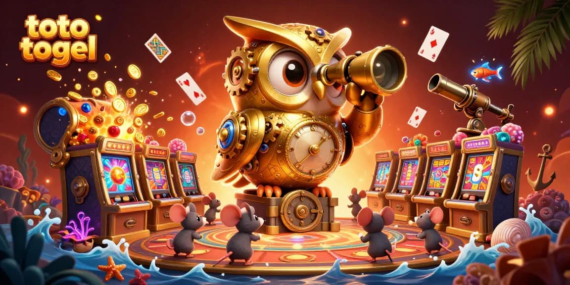 Experience thrilling toto togel gameplay with a golden owl, vibrant treasures, and animated casino elements in a captivating scene.