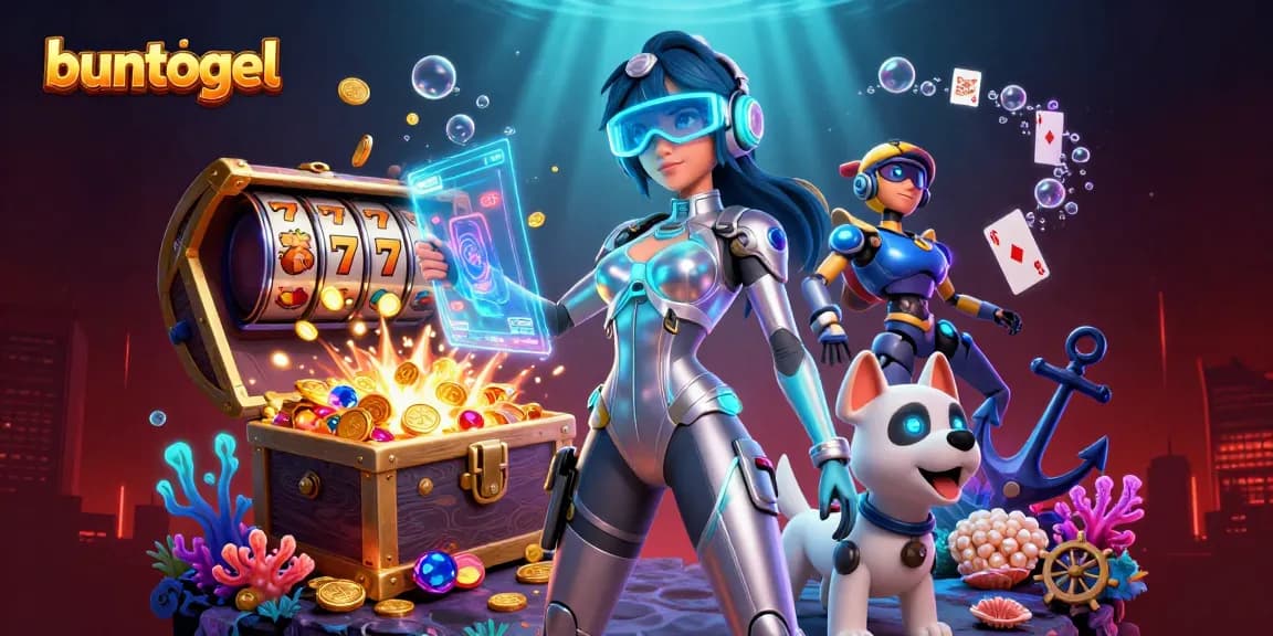 Buntogel showcases a stunning illustration of a futuristic casino scene with vibrant characters and immersive gambling elements.