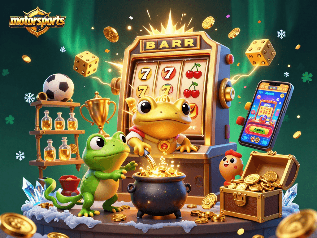 Engage in motorsports betting excitement with a 3D casino scene featuring alchemical characters and dynamic games.