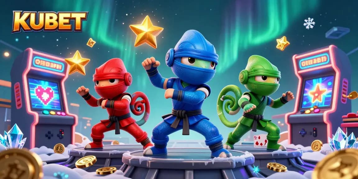 KUBET showcases a vivid 3D Ninja Chameleon team amidst colorful casino elements, capturing exhilarating gaming action.
